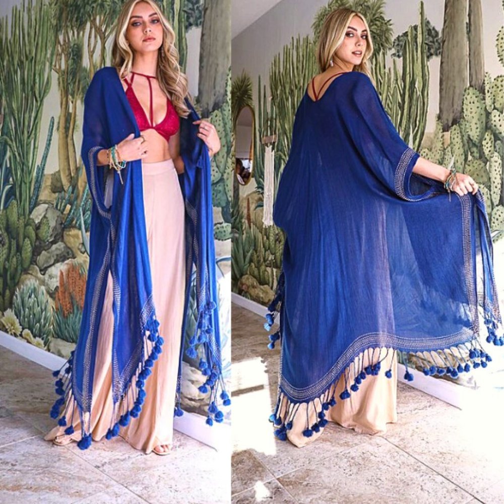 Blue Tassel-Trim Swim Coverup Kimono